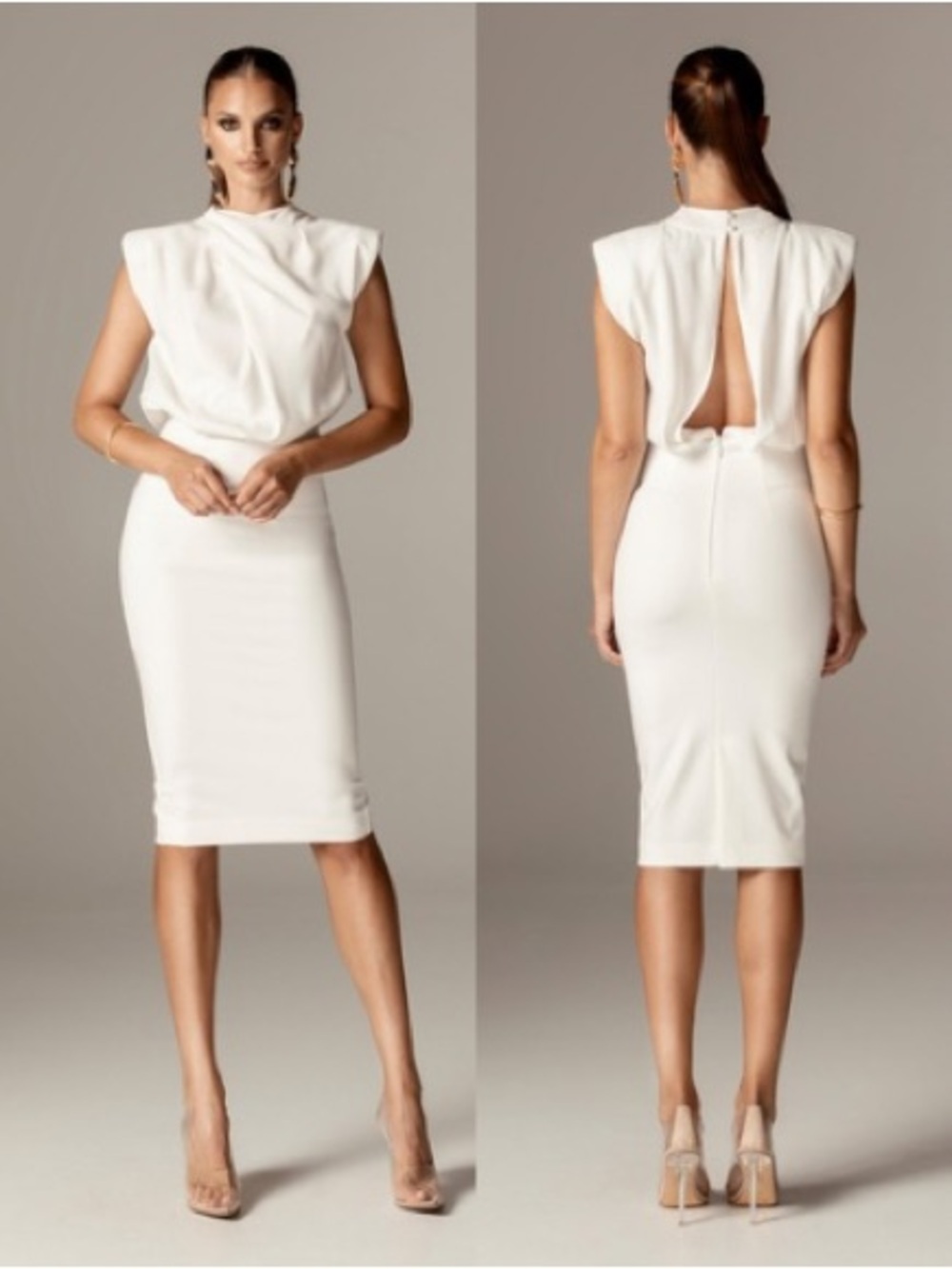 Alieva‎ Maxine White Crepe Midi Dress XS US 0-2 Open Back Bridal